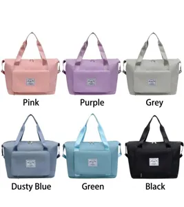Nylon travel bags shown in six colors including pink, purple, gray, blue, green and black