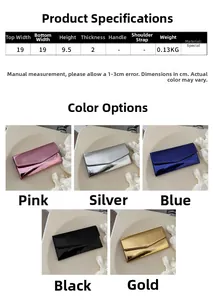 Detailed size specifications and multi-color metallic envelope wallets for women