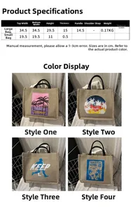 Size chart for linen tote bags including large and small sets with printed details