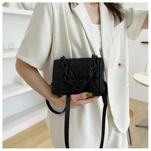 Detail of black small square bag featuring triangle quilting and a chunky chain strap