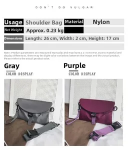 Détail de sacs bandoulière en nylon gris et violet avec dimensions et boucle de sangle
