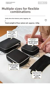 Detail of 4-piece black travel storage bag set with sizes and weights on white bedding