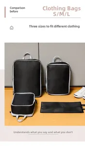 Three travel storage bags in S, M, L sizes shown on wood floor for clothes organization