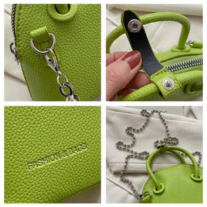 Detail shots showing the lychee grain texture and silver hardware of the green bag