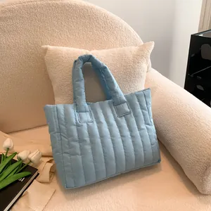Sac à Main Matelassé Puffy pour Femmes Sac Tote en Coton Rembourré Grande Capacité Rayures Verticales Mode Décontracté Sac Quotidien