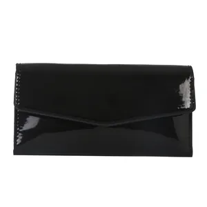 Minimalist black patent leather long envelope wallet for women with glossy finish