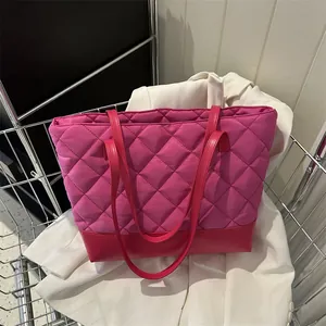 Large Capacity Quilted Rhombic Tote Bag Women Oxford Cloth PU Splicing Shoulder Underarm Bag Commuter Fashion Handbag