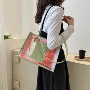 Stylish laser PVC holographic tote bag with sage green trim and large capacity for women