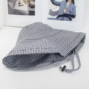 Houndstooth sun hat for women with adjustable windproof drawstring and wide brim