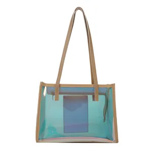 Chic laser iridescent PVC tote bag with beige leather handles and inner pouch