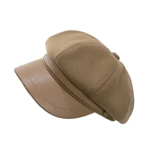 Retro khaki newsboy cap featuring textured knit crown and smooth leather brim for women