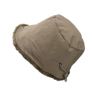 Winter warm fleece-lined bucket hat in khaki with thick faux fur trim and adjustable cord