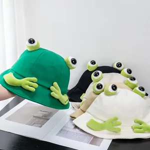 Simpatico Cappello a Secchiello con Occhi di Rana 3D per Donna Bambini Cotone Protezione Solare Pieghevole Pescatore Cartone Animato