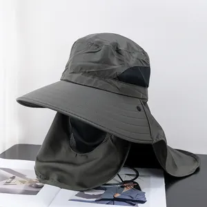 Outdoor sun hat with wide brim, neck flap and mesh face mask in olive green polyester