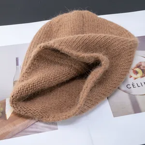 Berretto in maglia di pelliccia di coniglio marrone, cappello invernale morbido e caldo