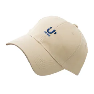 Minimalist beige cotton baseball cap with blue HOPE letter embroidery and curved brim