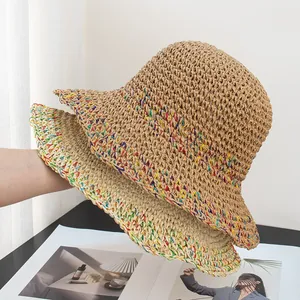Women's Crochet Straw Hat Summer Hollow Out Sun Protection Wide Brim Beach Hat Breathable Colorful Thread Woven Vacation Chic Paper Straw Sun Hat