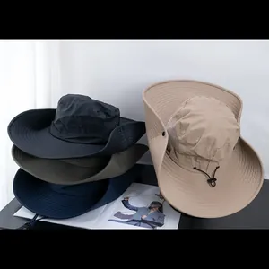 Mens quick-dry sun hat with wide brim, breathable mesh, and neck strap for fishing