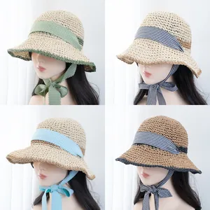 Women Straw Sun Hat Plaid Ribbon Bow Japanese Sweet Style Wide Brim Foldable Breathable Paper Beach Hat For Vacation