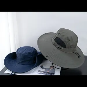 Mens outdoor sun hat with wide brim and mesh vents in navy blue and army green