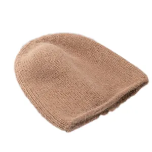 Berretto in maglia di pelo di coniglio cammello chiaro da donna con trama soffice