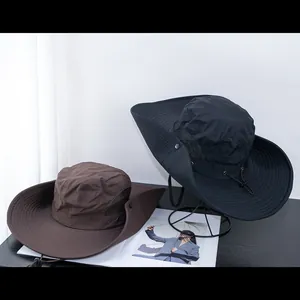 Detail of outdoor sun hat featuring breathable mesh side panels and adjustable wind cord