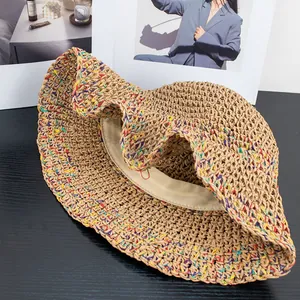 Colorful crochet straw sun hat with wide wavy brim and breathable hollow design for summer