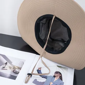 Wide brim khaki sun hat with breathable black mesh lining and adjustable windproof strap