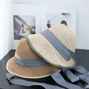 Handwoven straw hat with plaid bow ribbon for women, seaside beach sun protection gear
