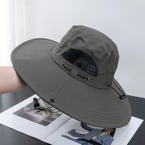Detail view of olive green wide brim sun hat with mesh vents and adjustable wind cord