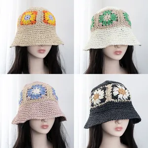 Handmade Crochet Paper Straw Bucket Hat Women Summer Sun Protection Foldable Beach Hat With Floral Pattern Fashion Sunhat