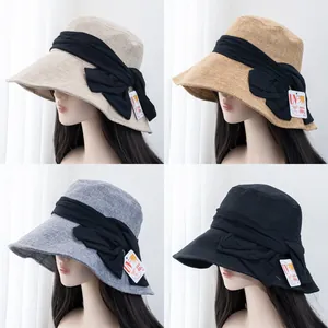 Women UV Protection Sun Hat Large Bow Foldable Bucket Hat Wide Brim Cotton Linen Fisherman Hat Summer Beach Sunshade Cap