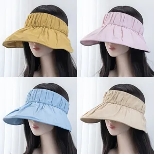 Women UV Protection Sun Visor Foldable Wide Brim Empty Top Hat Portable Pleated Nylon Summer Outdoor Beach Sunshade Hat