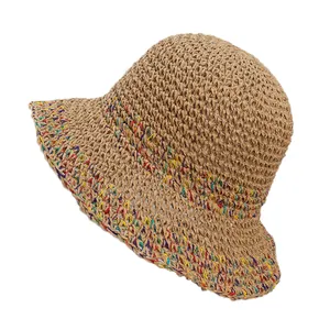 Breathable crochet straw sun hat with colorful stripes and wide brim for women summer