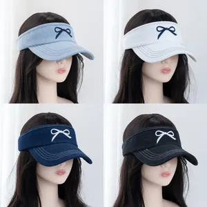 Women Sweet Bow Embroidery Denim Visor Cap Summer Outdoor Sports Sunscreen Breathable Open Top Adjustable Sun Hat
