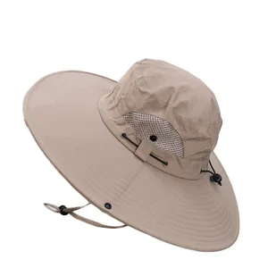 Breathable wide brim beige sun hat with mesh vents and chin strap for hiking and fishing