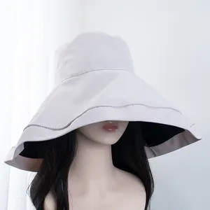 Detail of wide brim sun hat featuring black vinyl inner coating for UV protection