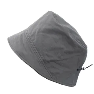 Short brim charcoal grey bucket hat with adjustable toggle for sun protection and outdoor use