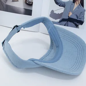 Light blue denim open top sun visor with decorative stitching and adjustable buckle