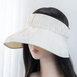 Close-up of pleated wide brim texture on a cream UV protection sun visor hat
