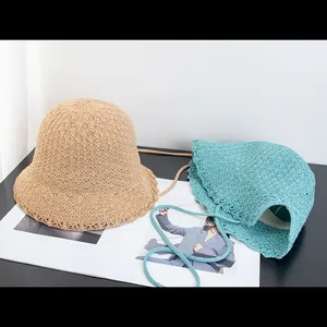 Lace crochet sun hat with tie strap, foldable summer beach bucket hat in khaki and blue