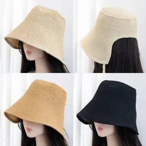 Women Sun Protection Straw Woven Bucket Hat Wide Brim Breathable Summer Beach Sunscreen Hat With Ribbon Casual Retro Flat Top Cap