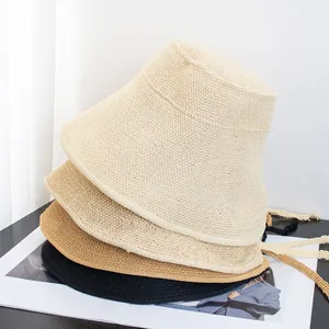 Women's vintage-style woven straw sun hat with ribbon tie in beige, khaki and black