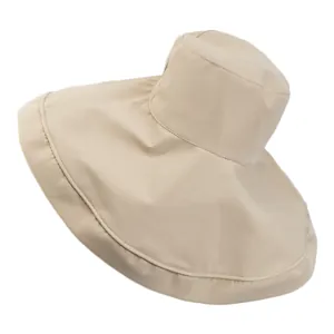 Wide brim khaki sun hat with UV protection for outdoor wear, side view on white backdrop