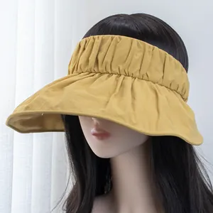 Detail of ginger yellow sun visor with pleated elastic headband and wide brim UV protection