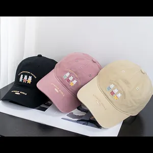 Cute Japanese style rabbit embroidery baseball caps in black pink and khaki cotton