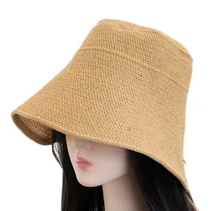 Women's vintage linen straw sun hat with wide brim in khaki for summer protection