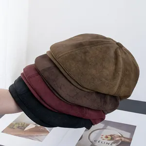 Berretto Newsboy da Donna in Finta Pelle Scamosciata Vintage Tinta Unita Stile Britannico Cappello Ottagonale Con Cinturino Regolabile Moda Autunno Inverno