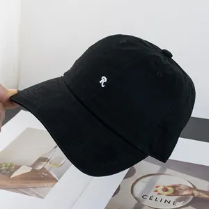 Detailaufnahme der schwarzen Baumwollkappe mit feinen Nähten und weißem R-Stickereien