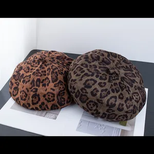 Retro leopard print beret hats for women in light and dark brown textured fabric